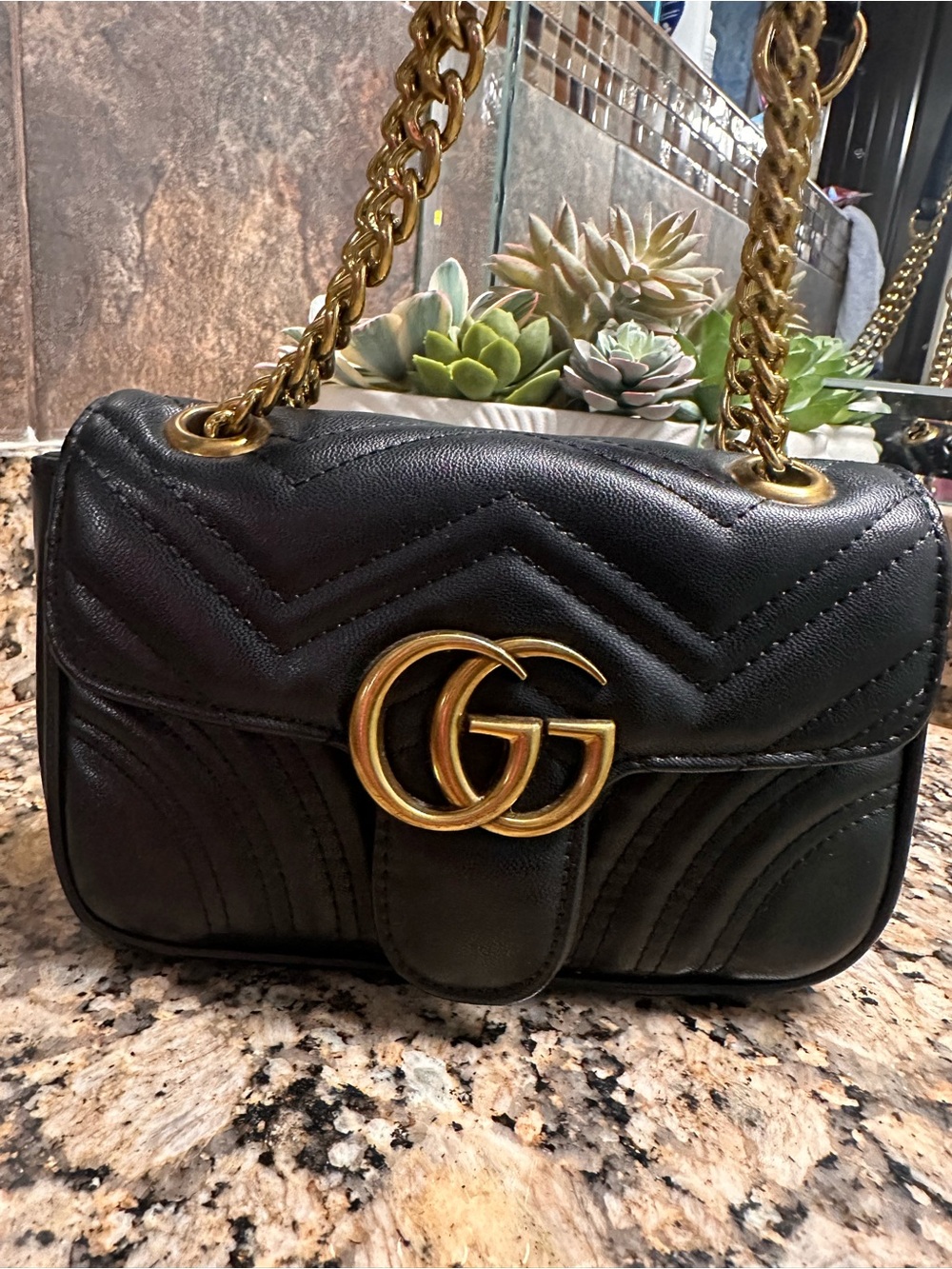 Gucci Black Leather GG Marmont Chevron Small Shoulder Bag with Gold Hardware